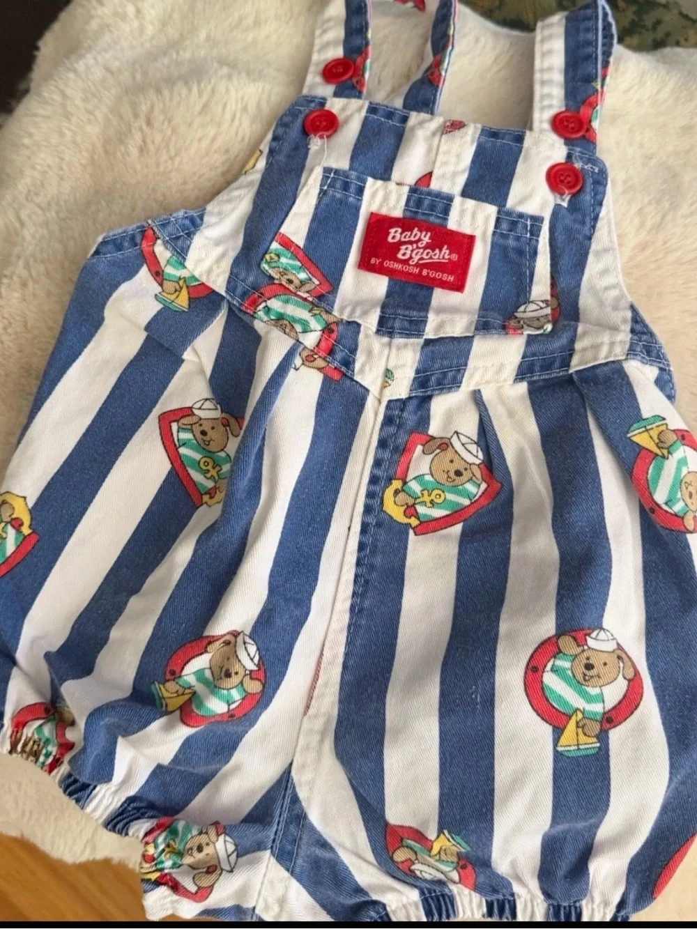 Vintage 80s OshKosh B'gosh Sailor Puppy nautical AOP Striped Bubble Romper. 18m